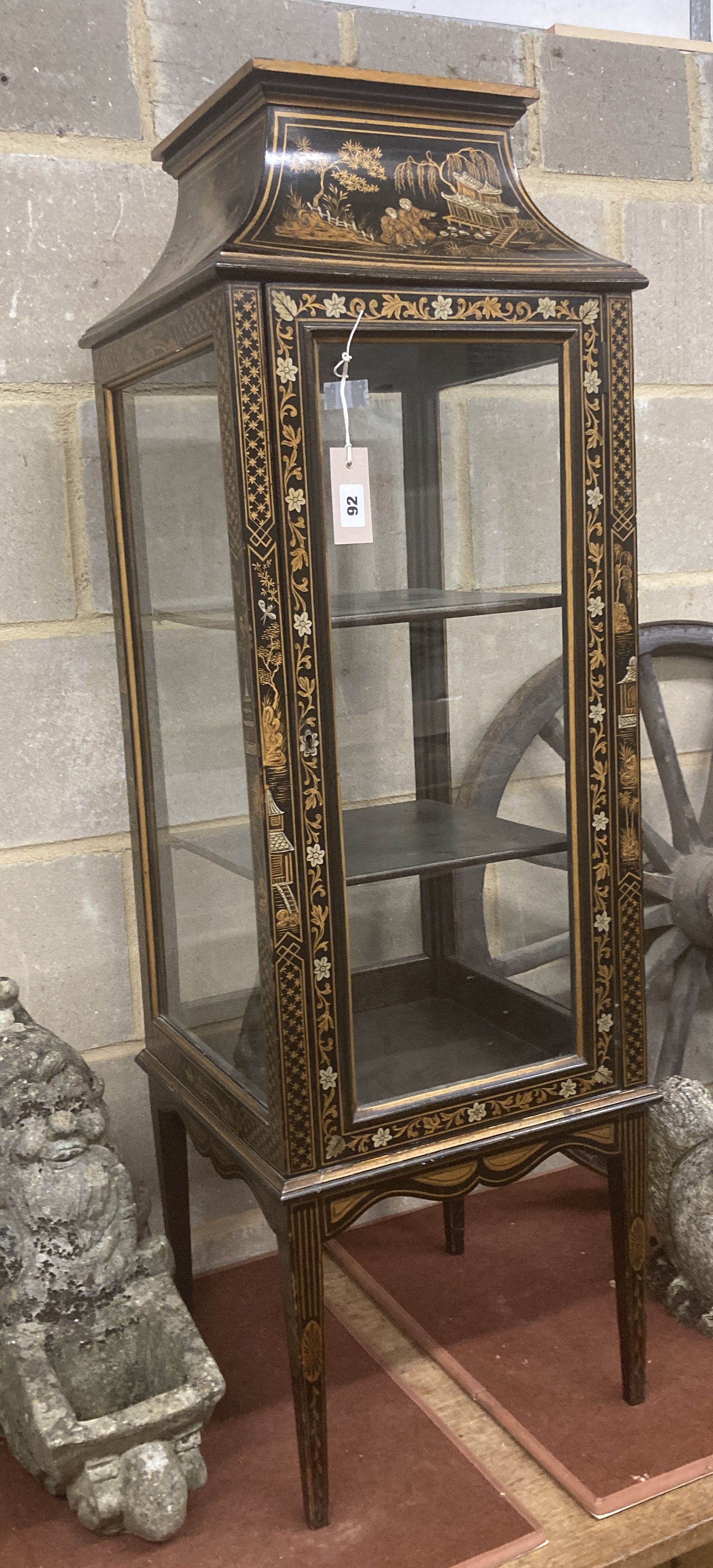A chinoiserie lacquer bijouterie cabinet, width 37cm, depth 37cm deep, height 118cm